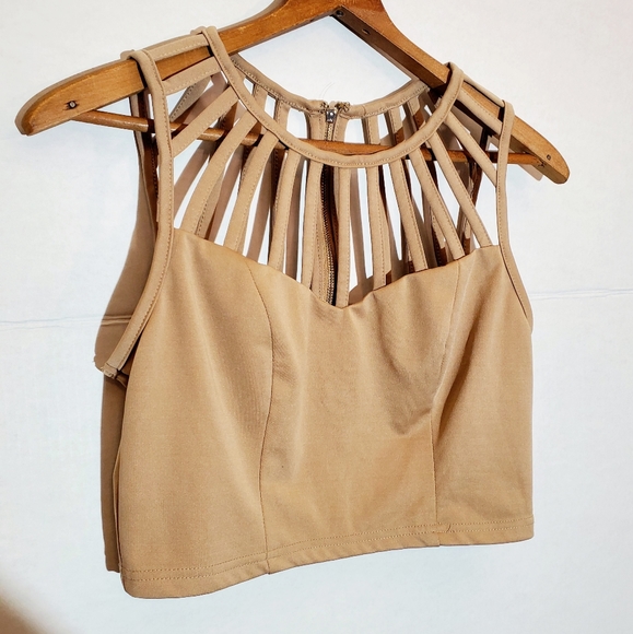 ❗️ Strappy Tan Cage Back Zip Crop Top Large - Picture 1 of 6